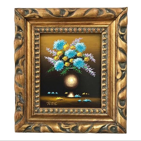 Blue Chrysanthemums Detailed Floral Painting with Vase by Roy Swanson - Picture 1 of 14